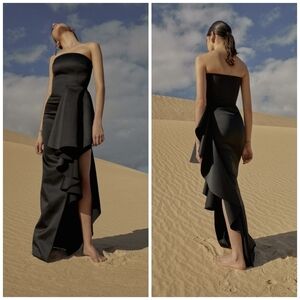 Solace London Aryana Strapless Ruffled Satin Gown